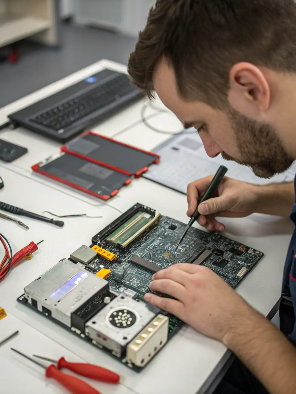 Close-up photo of a technician diagnosing a motherboard with a multimeter, showcasing precision and expertise in identifying hardware issues.