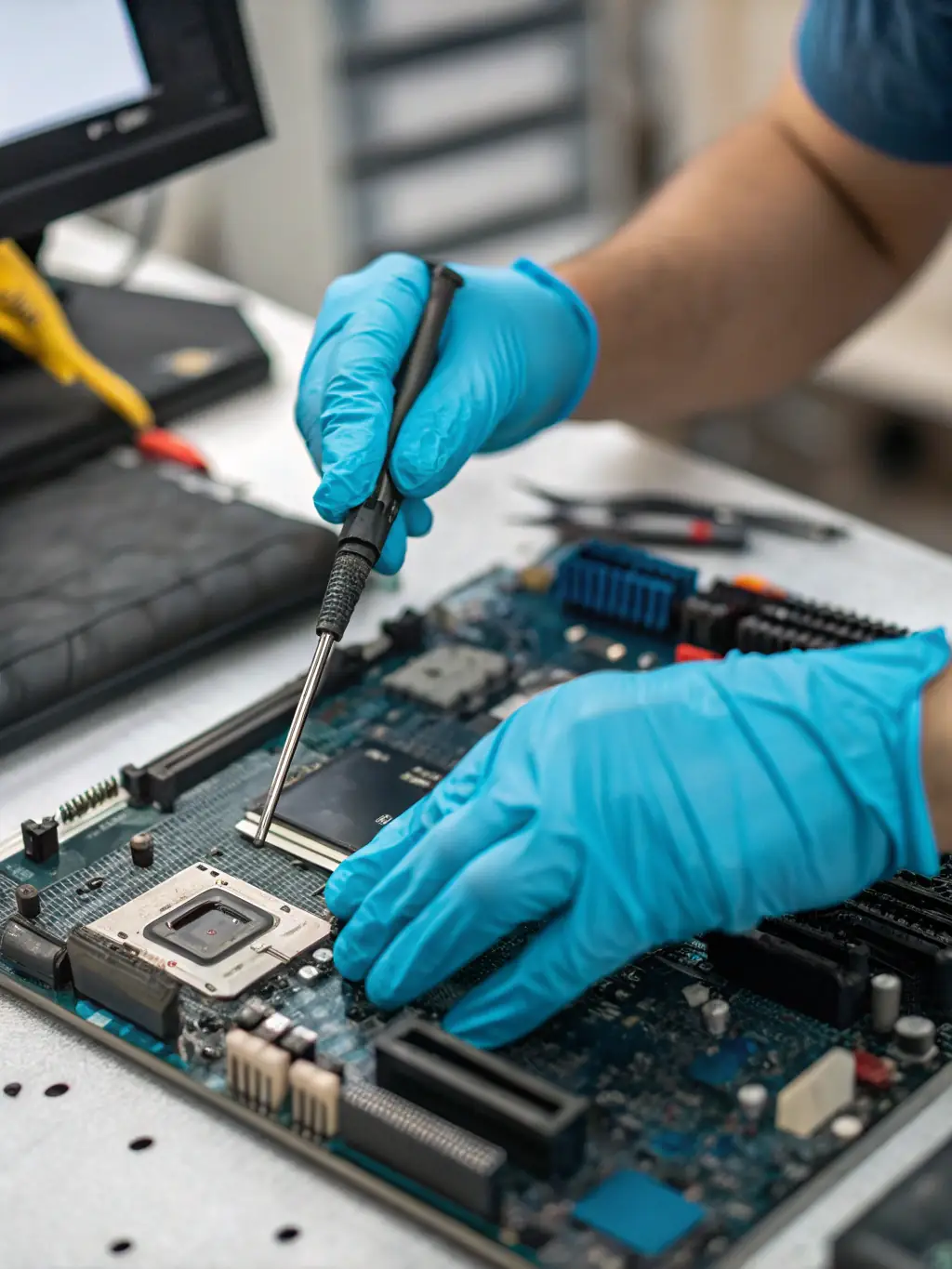 A close-up image of a technician repairing a motherboard, showcasing the intricate details of the repair process. The image should convey technical skill and precision.