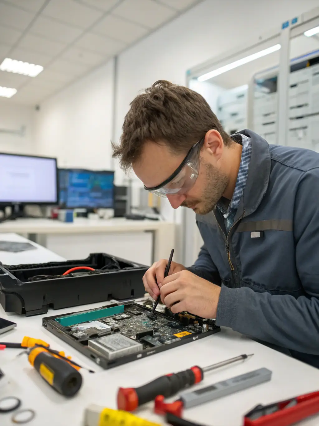 A technician using diagnostic tools on a computer, with a focus on the motherboard and other internal components. The image should convey precision and expertise.
