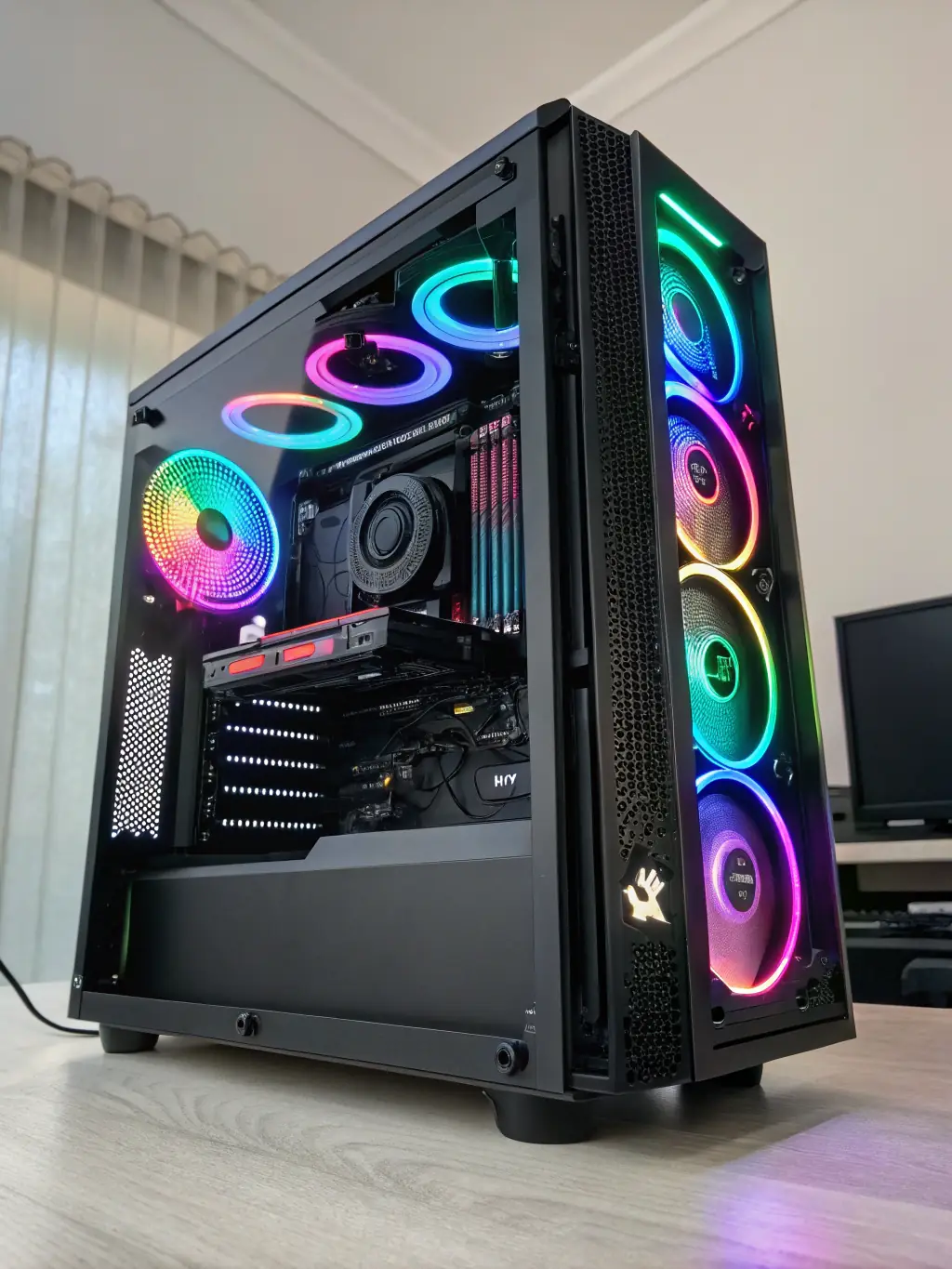 A showcase of a custom-built gaming PC with RGB lighting, highlighting the aesthetic and performance aspects. The image should convey personalization and high quality.
