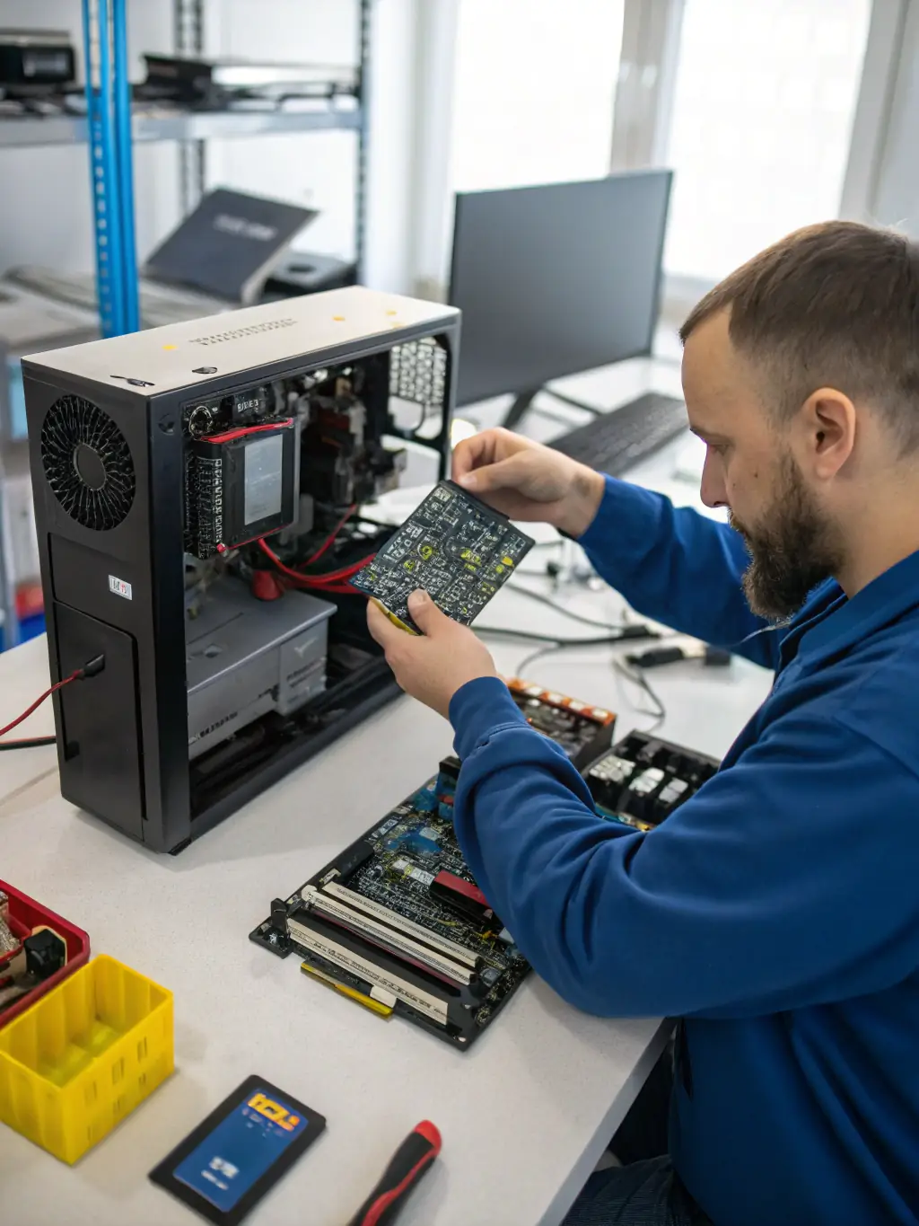 Photo of a technician installing a new GPU into a gaming PC, emphasizing the performance upgrade.