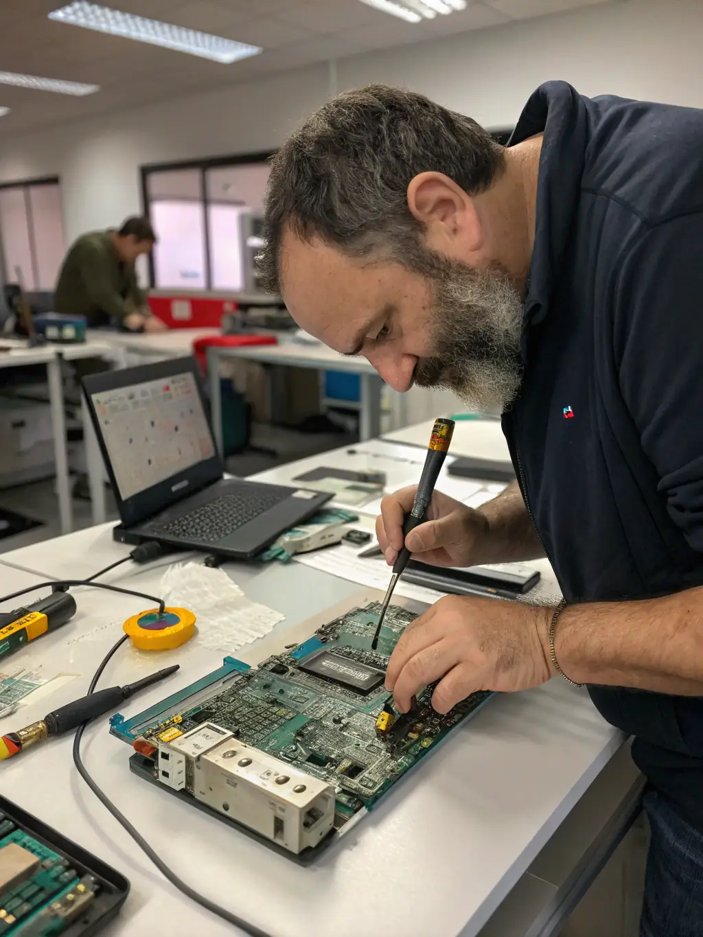 Image of a technician soldering components on a motherboard, highlighting the intricate work involved in motherboard repair.